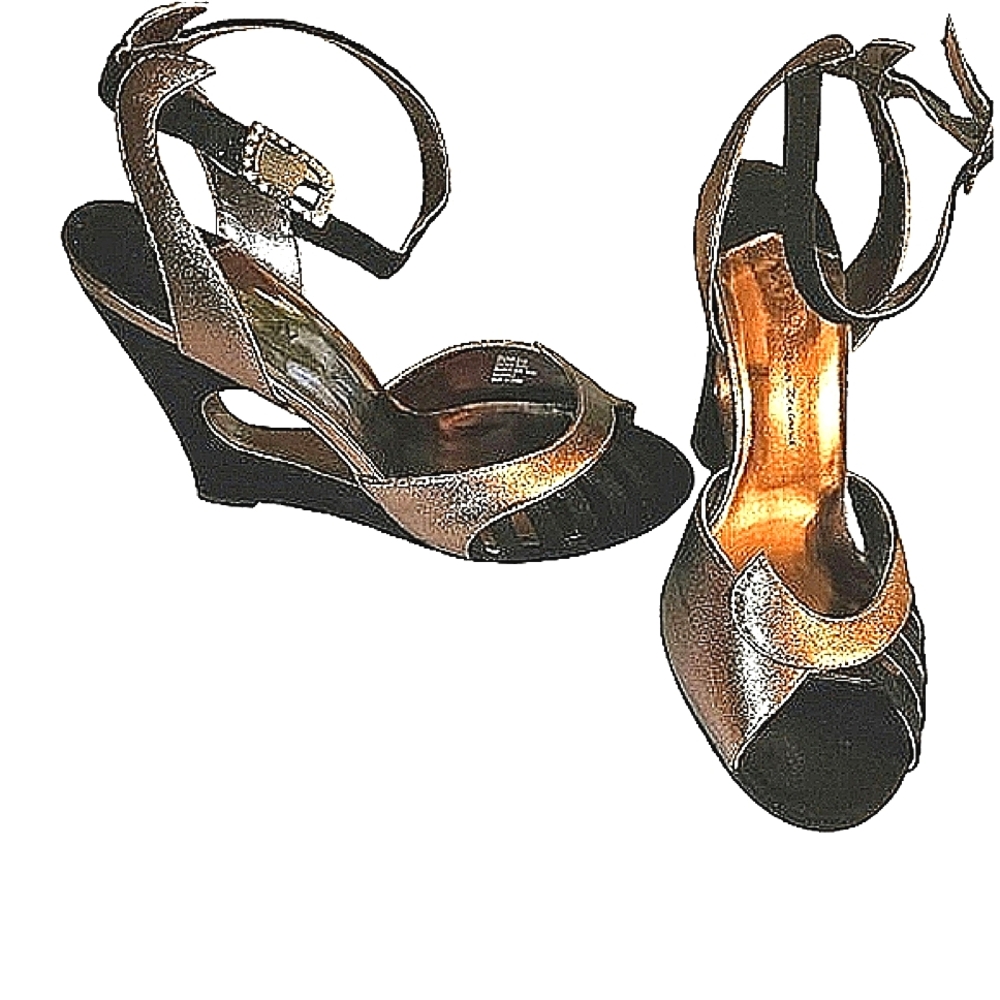 Kathy Van Zealand size 9, pewter and black wedge heel shoes with ankle Strap